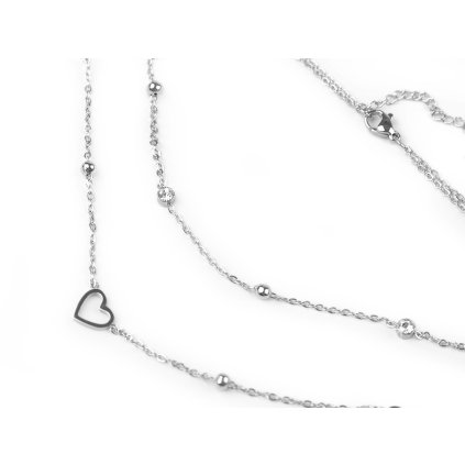 Halskette aus Edelstahl zweireihig, Herz mit geschliffenem Steinchen (Varianta silber, Balení 1 Stück)