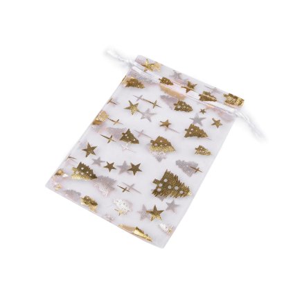 Weihnachtsgeschenkbeutel Bäumchen, 10 x 14,5 cm, Organza (Varianta weiß gold, Balení 10 Stück)