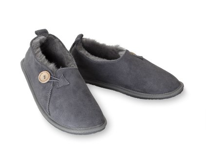 Kotníkové bačkory kožené s ovčí kožešinou, Tadeáš, šedé, knoflík, pevná podrážka