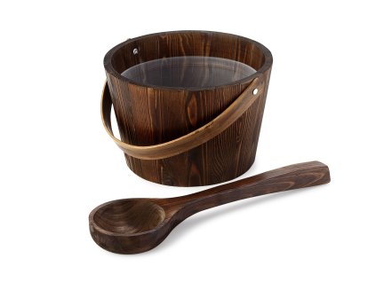 SET Polévací vědro do sauny s naběračkou, tmavé dřevo, s dřevěným uchem na zavěšení