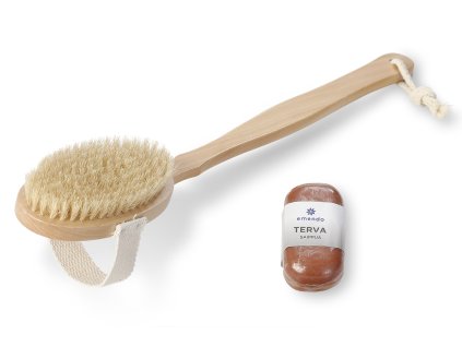 SET Dřevěný kartáč do koupele s dehtovým mýdlem