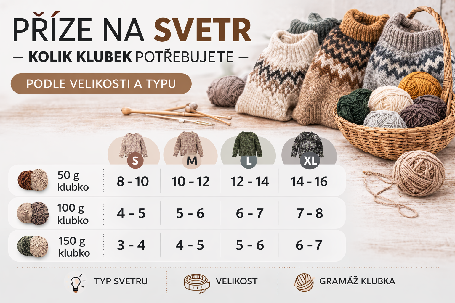 Příze na svetr – kolik klubek potřebujete podle velikosti a typu