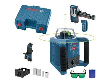 BOSCH GRL 300 HVG – profesionální rotační laser se zeleným paprskem, přijímačem a dálkovým ovládáním v kufru.