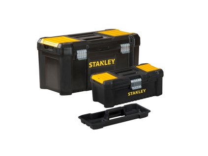 Stanley Essential Box STST1-75772 – 2 kufry 12,5″ a 19″ s vyjímatelnými zásobníky, nerez západkami, okem pro zámek a horní přihrádkou; 32×19×13 a 49×25×25 cm.