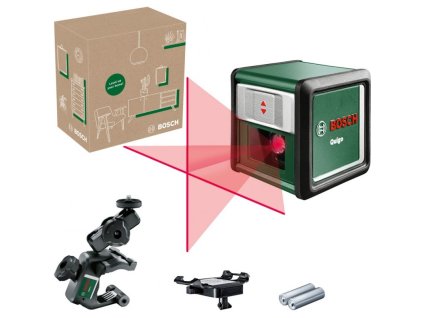 BOSCH Quigo (06036635Z0) – kompaktní křížový laser, samonivelace ±4°, přesnost ±0,8 mm/m, 635 nm, posuvné tlačítko, držák MM2, adaptér, závit 1/4"