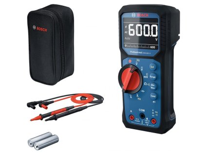 BOSCH GDM 600-15 Professional – digitální True RMS multimetr, IP65, CAT III 600 V, stojánek a magnetické zavěšení.
