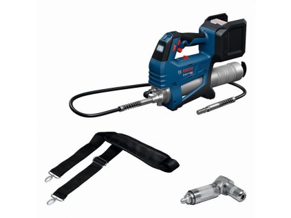 bosch gfp 18v-10 aku mazací lis 18 v s hadicí, popruhem a mazacím nástavcem na bílém pozadí