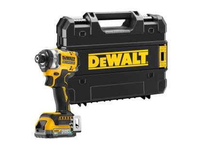 bosch dcf860nt rázový utahovák 18v s kufrem dewalt, pohled na nářadí a systémový box na bílém pozadí