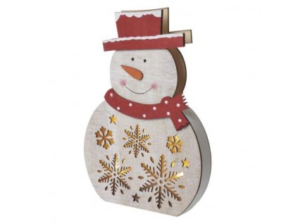 LED vánoční sněhulák dřevěný, 30 cm, 2x AA, vnitřní, teplá bílá, časovač 1 ks, krabice