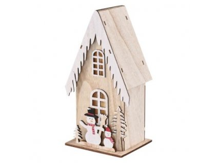 LED dekorace dřevěná – domek se sněhuláky, 28,5 cm, 2x AA, vnitřní, teplá bílá, časovač 1 ks, krabice