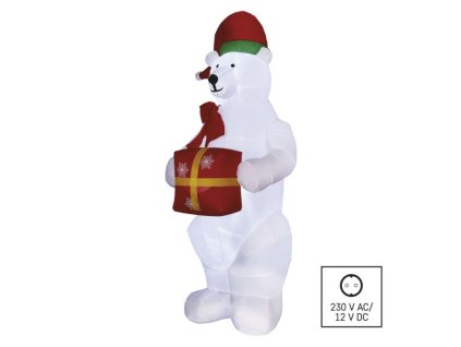 LED lední medvěd s vánočním dárkem, nafukovací, 240 cm, venkovní i vnitřní, studená bílá