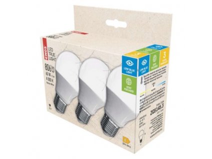 LED žárovka True Light A60 / E27 / 7,2 W (60 W) / 806 lm / neutrální bílá 3 ks, krabička  ZQ5145.3