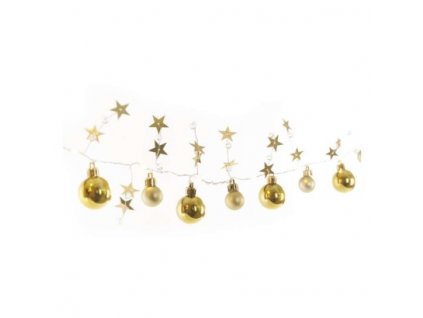 LED vánoční girlanda – zlaté koule s hvězdami, 1,9 m, 2x AA, vnitřní, teplá bílá, časovač 1 ks, krabice