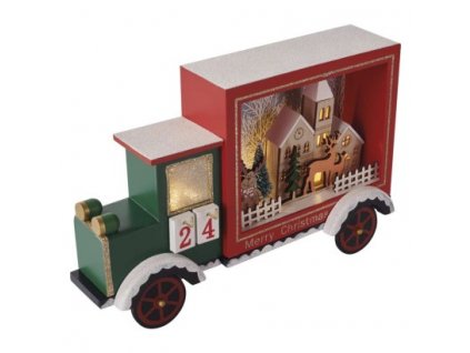 LED adventní kalendář, dřevěné auto, 20x30,5 cm, 2x AA, vnitřní, teplá bílá, časovač 1 ks, krabice