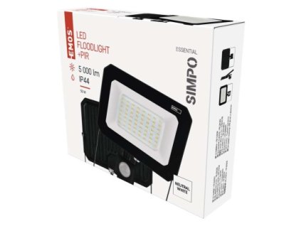 LED reflektor SIMPO s pohybovým čidlem, 50 W, černý, neutrální bílá 1 ks, krabice