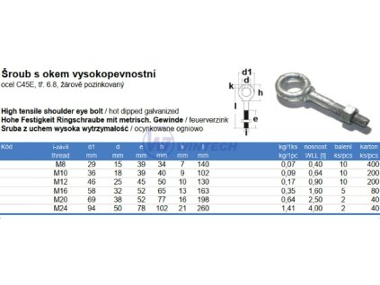 Šroub s okem vysokopevnostní M16x100mm, ZA 5ks
