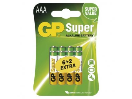 Alkalická baterie GP Super AAA (LR03) 8 ks, blistr