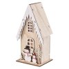 LED dekorace dřevěná – domek se sněhuláky, 28,5 cm, 2x AA, vnitřní, teplá bílá, časovač