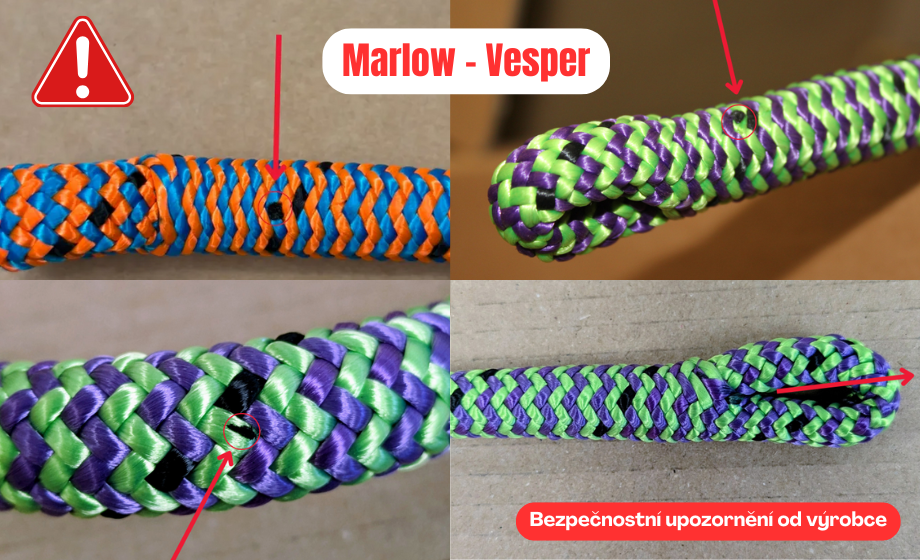 Důležité upozornění: Kontrola šitých spojů na lanech MARLOW VESPER
