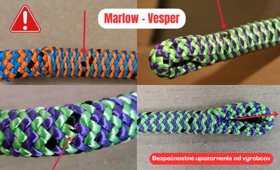 Dôležité upozornenie: Kontrola šitých spojov na lanách MARLOW VESPER