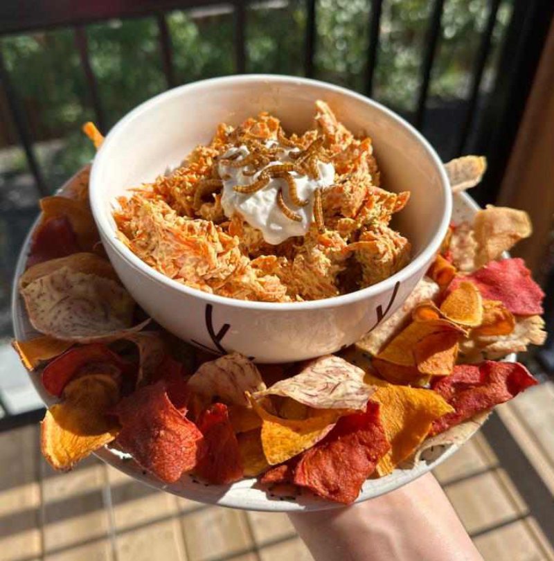 Mrkvový dip s Křupavými červíky a zeleninovými chipsy