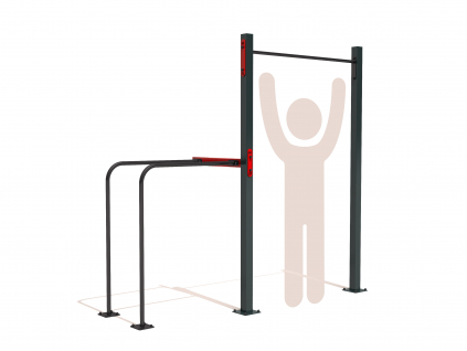 Venkovní workoutová sestava s vysokou hrazdou a bradly GARDEN WORKOUT SINGLE pro základní cviky s vlastní vahou jako jsou shyby - pull up, dipy - tricepsové kliky. Hrazda pro celou rodinu - děti, mládež i dospělé.