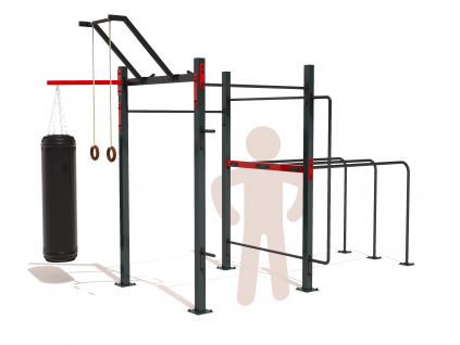 Plně vybavené venkovní workoutové hřiště SQUARE FULL na zahradu. Workout kostka obsahuje všechny potřebné prvky pro cvičení s vlastním tělem - hrazdy, bradla, multibar, ring holder, a další prvky.