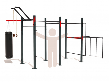 Plně vybavené venkovní workoutové hřiště SMALL FULL light na zahradu. Workout kostka obsahuje všechny potřebné prvky pro cvičení s vlastním tělem - hrazdy, bradla, žebřík monkey bar, multibar s různými úchopy hrazdy, ring holder jako držák kruhů, konzoli na boxovací pytel a další prvky. Vhodné pro celou rodinu - děti, mládež i dospělé.