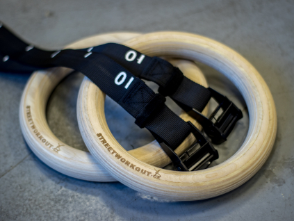 GYM RINGS THICK WOOD hrubé dřevěné gymnastické kruhy s nastavitelným popruhem workout crossfit gymnastics rings wooden