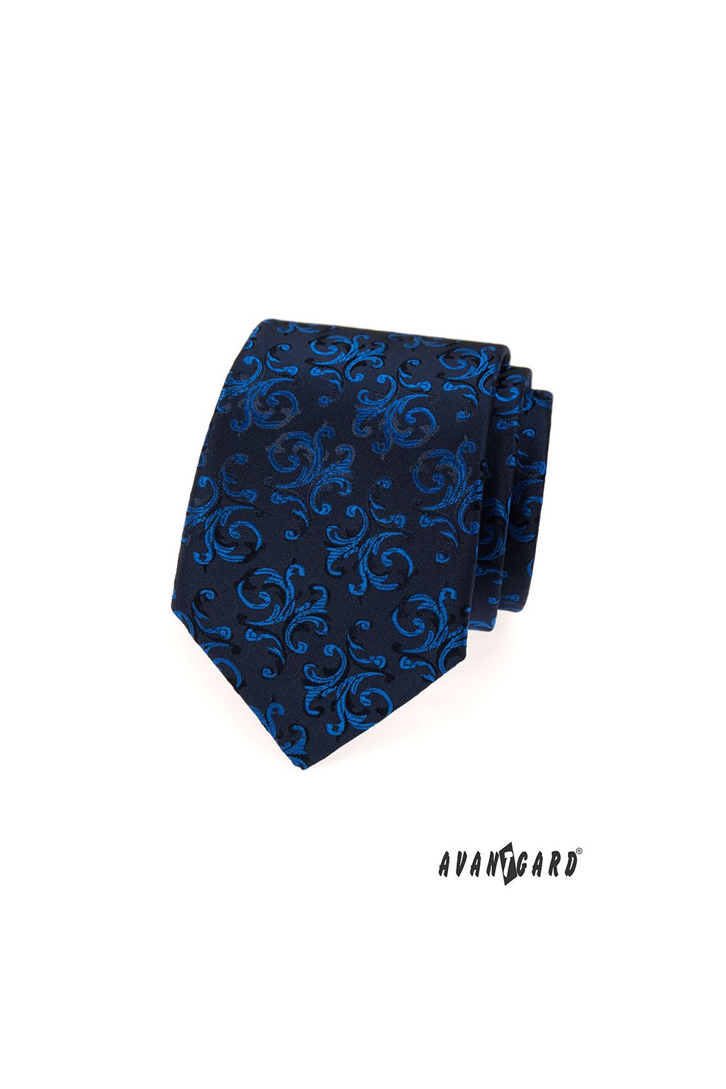 Tmavě modrá kravata s modrým zdobeným vzorem