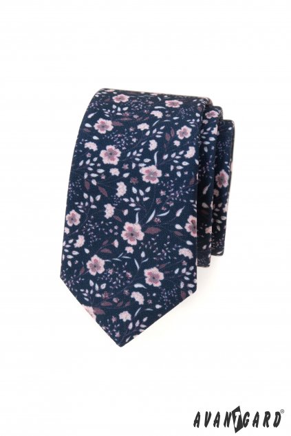 Modrá slim kravata - květy