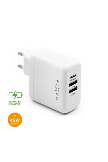 Síťová nabíječka FIXED s USB-C a 2xUSB výstupem, podpora PD, 45W, bílá