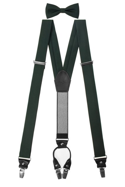 Set Látkové šle Y s koženým středem a zapínáním na klipy - 35 mm, motýlek a kapesníček 886-986023-0 (Velikost Šle uni 35 mm, motýlek 12,5 cm)
