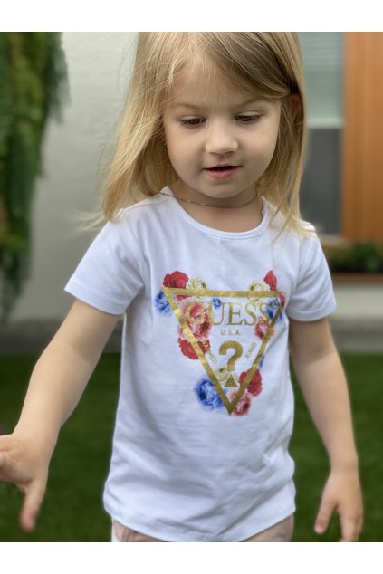 Dívčí tričko s krátkým rukávem GUESS, bílé s logem a motivem květin