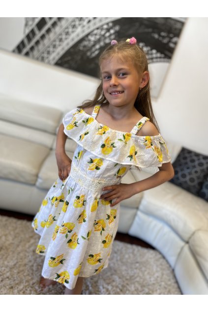 Dívčí šaty na ramínka s volánkem GUESS, motiv citronů