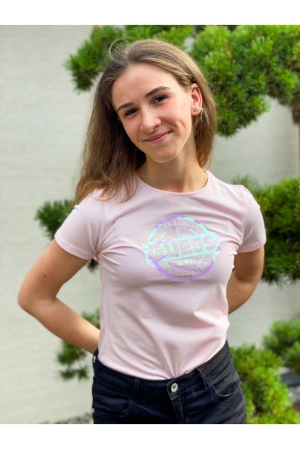 Dívčí tričko s krátkým rukávem GUESS, světle růžové s barevnými odlesky