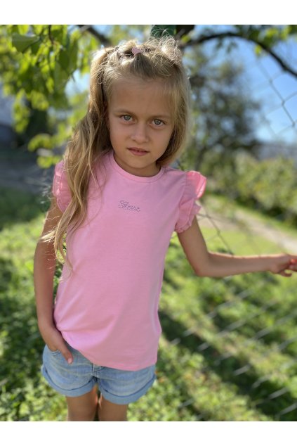 Dívčí tričko s krátkým rukávem GUESS, růžové s nápisem z kamínků