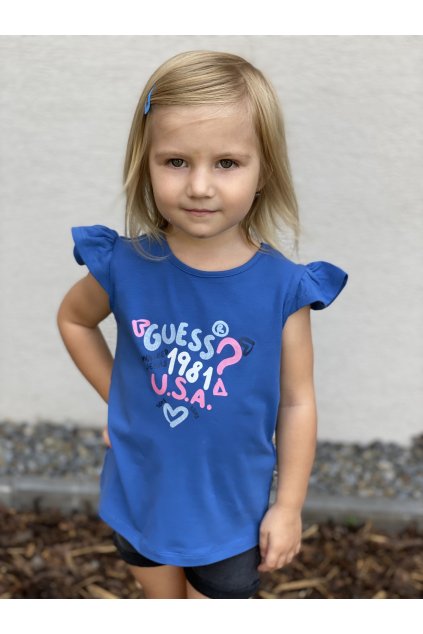Dívčí tričko s krátkým rukávem GUESS, modré s nápisem WASHED
