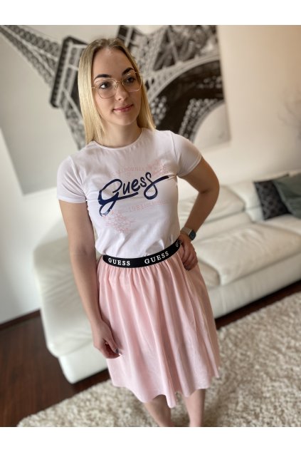 Dívčí tričko s krátkým rukávem GUESS, bílé s růžovými nápisy LA