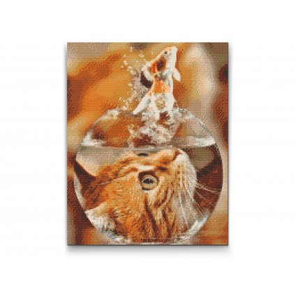 Malowanie diamentowe - Widok kota na złotą rybkę