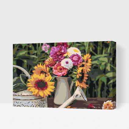 Malowanie po numerach - Słonecznik w konewce, w tle kwiaty