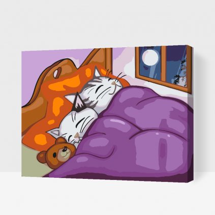 Malowanie po numerach - Koty i pluszowy miś w jednym łóżku
