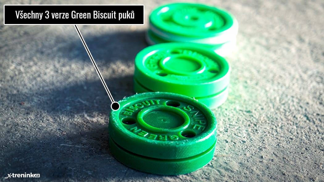 Tři verze GB puků, jediný na střelbu je Green Biscuit Snipe