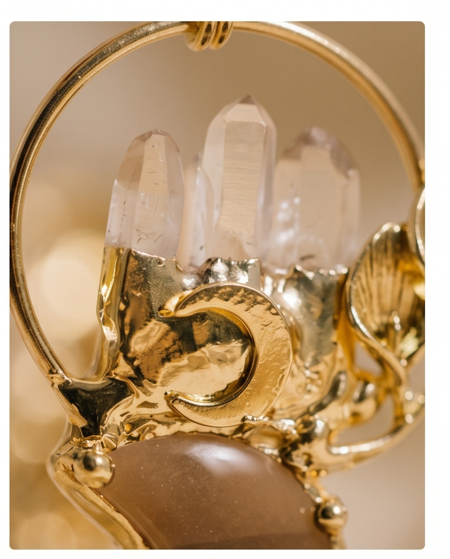 Náhrdelník - Měsíční přívěsek s kouřovým křemenem a pozlacenými detaily