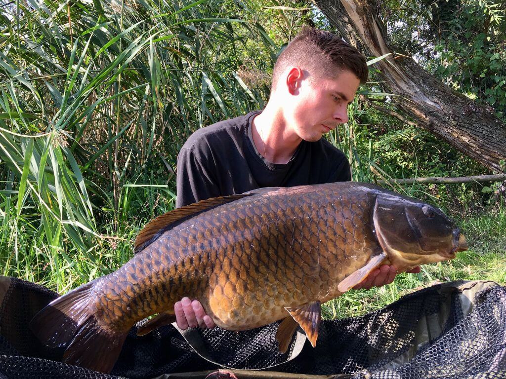 rybar-drzi-uloveneho-kapra-nad-podlozkou