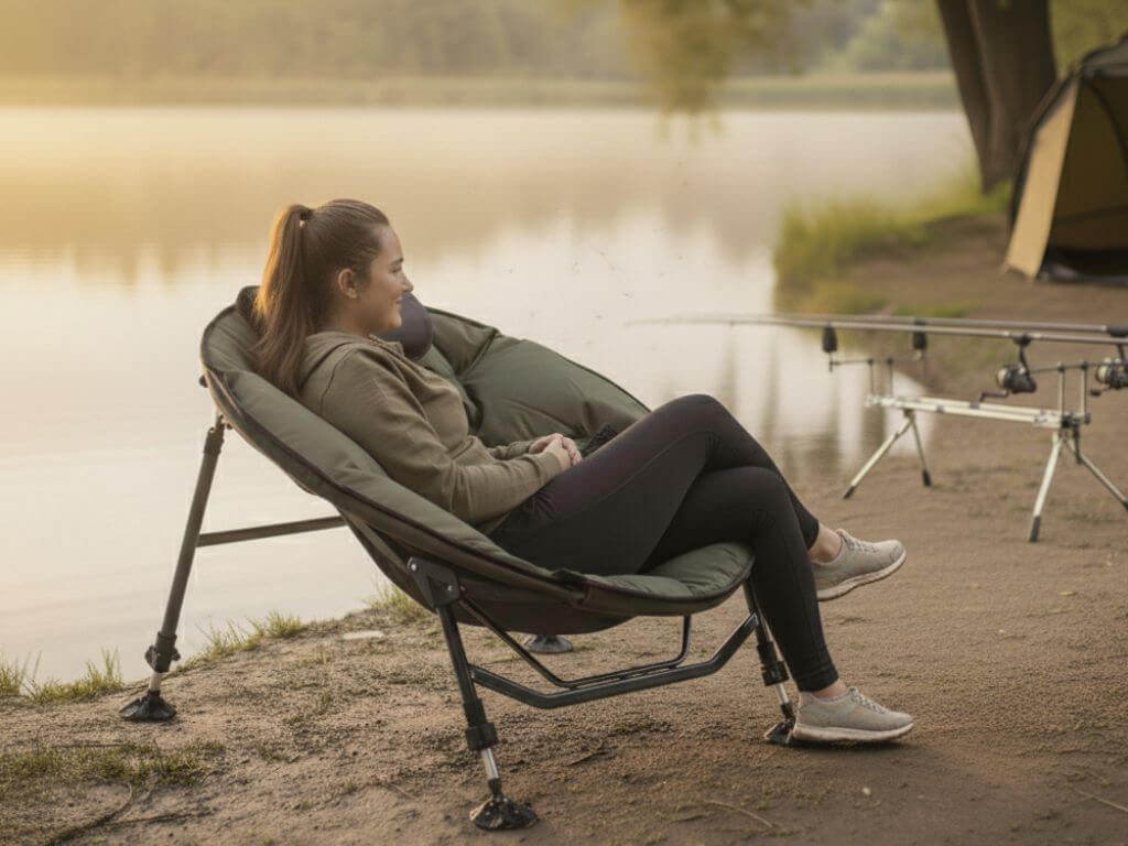 popis-rybarske-kreslo-anaconda-chill-zone-zena-sedi-na-kresle-a-pozera-na-udice-v-stojane