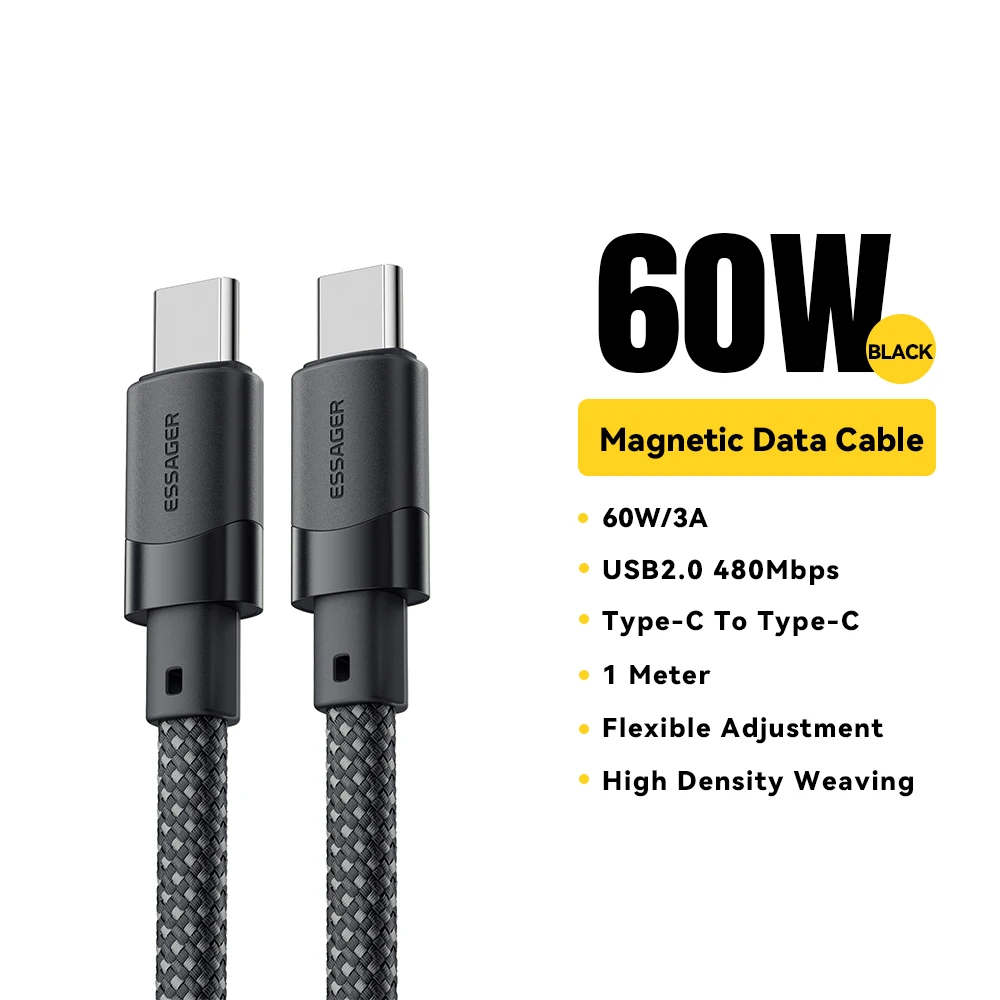 Essager Magnetický opletený USB-C / USB-C nabíjecí kabel 1m 60W Barva: Černá