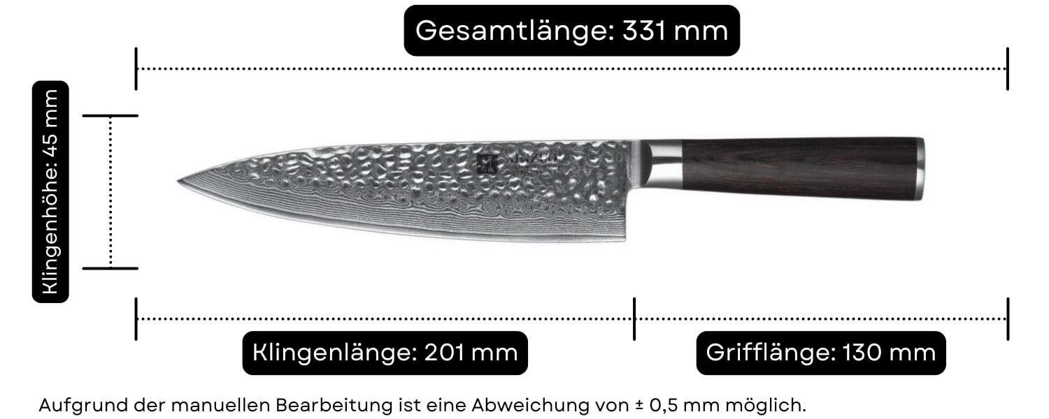Abmessungen des Kochmessers XinZuo He B1H