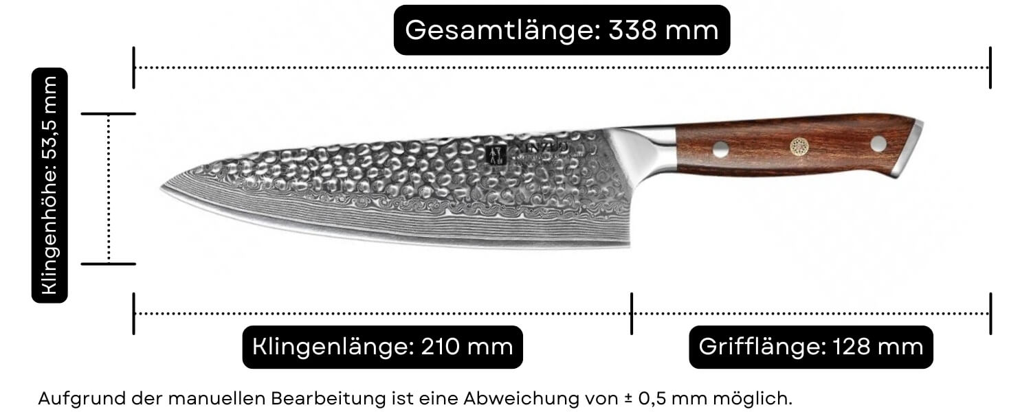 Abmessungen des Kochmessers XinZuo Yu B13D