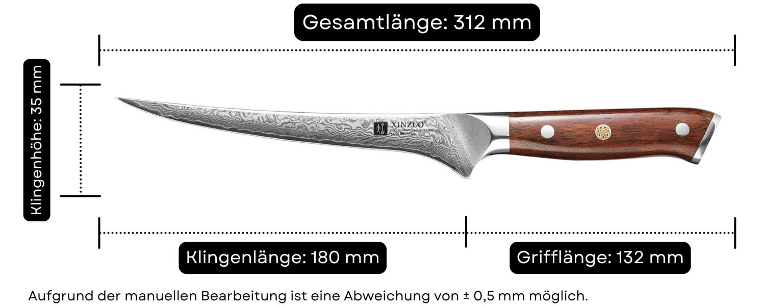 Abmessungen des Filetiermessers XinZuo Yu B13R